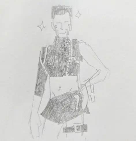 A pencil doodle of G-man wearing Agent 8's outfit from Octo Expansion for Splatoon 2. The outfit is comprised of: a skintight leather crop top with one long sleeve, a mini leather skirt, a thick bracelet, and a garter around one leg. G-man is popping a hip and smiling at the camera. There are sparkles around his face. His eyes are not visible.