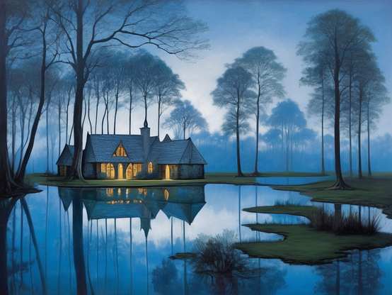 A warmly lit house reflects in the calm waters of a wetland under a blue evening sky, surrounded by tall silhouetted trees.