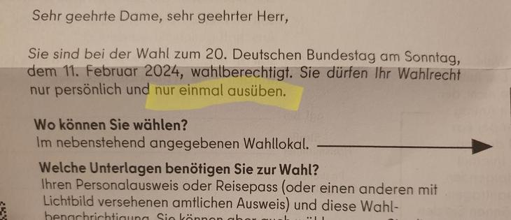 Ausschnitt aus der Berliner Wahlbenachrichtigung mit dem Satz: »Sie dürfen Ihr Wahlrecht nur persönlich und nur einmal ausüben.«