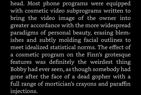 Most phone programs were equipped with cosmetic video subprograms written to bring the video image of the owner into greater accordance with the more widespread paradigms of personal beauty, erasing blemishes and subtly molding facial outlines to meet idealized statistical norms. The effect of a cosmetic program on the Finn’s grotesque features was definitely the weirdest thing Bobby had ever seen, as though somebody had gone after the face of a dead gopher with a full range of mortician’s crayons and paraffin injections.
