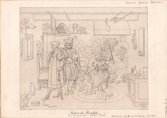 Faust und Mephisto in der Hexenküche. Umrisszeichnung von Asmus Jacob Carstens (1796). Faust blickt in den Zauberspiegel, Mephisto nötigt ihn, in den magischen Kreis der Hexe zu treten, um den Zaubertrank zu trinken, der ihn verjüngen soll.