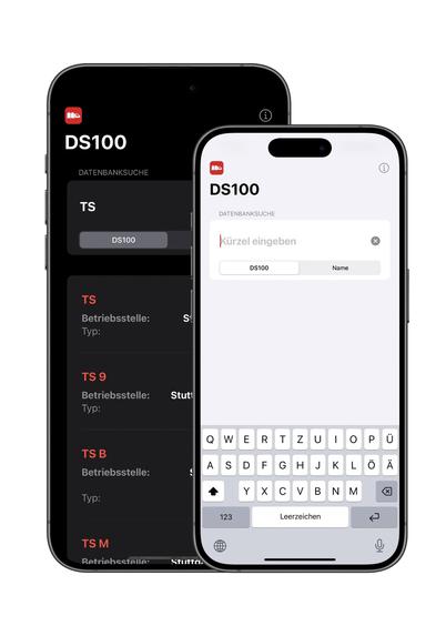 Frontalansicht zweier verschieden großer Smartphones (iPhone) auf weißem Hintergrund die die Suchansicht einer App (DS100) in hellem und dunklem Modus zeigen