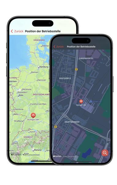 Frontalansicht zweier verschieden großer Smartphones (iPhone) auf weißem Hintergrund die die Kartenansicht, mit einem Marker an einer bestimmten Stelle, einer App (DS100) in hellem und dunklem Modus zeigen