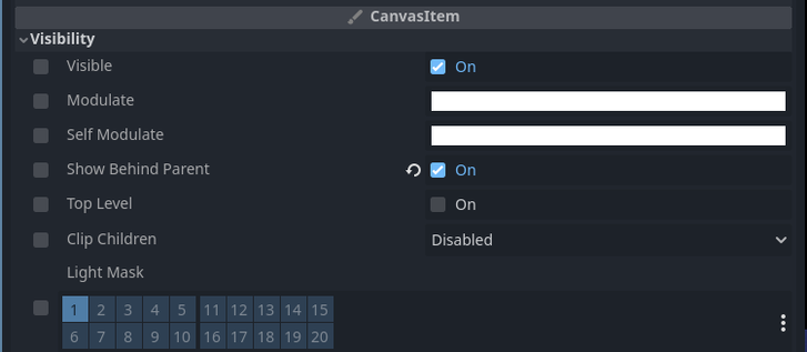 A screenshot of the Godot Editor, showcasing a new set of checkboxes located to the left of each property in the inspector.