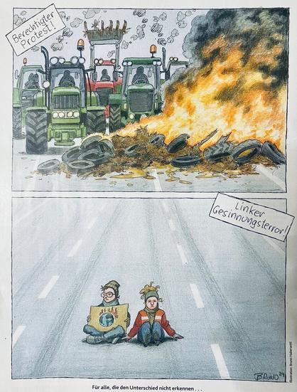 Zeichnung mit zwei Panels. 
Oben: Qualmende Traktoren blockieren eine Autobahn, davor eine  brennende Barrikade aus Mist und Autoreifen. Daneben steht: „berechtigter Protest!“
Unten: Zwei Menschen sitzen auf einer leeren Autobahn. Eine Person hält ein Schild mit einem brennenden Planeten, die zweite Person trägt eine Warnweste und klebt sich an die Fahrbahn. Daneben steht: „Linker Gesinnungsterror!“

Bildunterschrift: „Für alle, die den Unterschied nicht erkennen“.