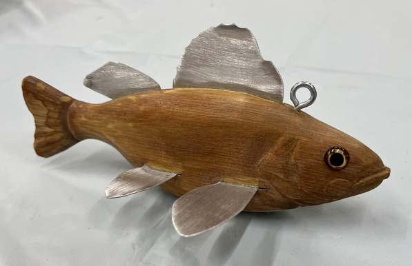 Wooden Yellow Perch decoy, unpainted white cedar wood, with silver aluminum fins.