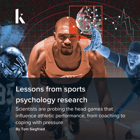 A collage of athletes featuring a dismayed football player, a focused soccer player, a runner at the starting line and a baseball player diving for the ball. Text reads: Lessons from sports psychology research.   Scientists are probing the head games that influence athletic performance, from coaching to coping with pressure. By Tom Siegfried