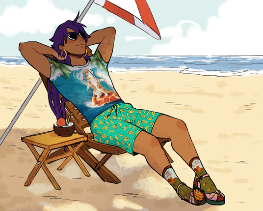 a digital drawing of sinbad from the manga and anime magi: the labyrinth of magic. it's a fullbody drawing. sinbad is stretched out on a beach chair in a relaxed position, arms behind his head and sunglasses on, an umbrella hiding some of him from the sunlight. he is wearing a ridiculous t shirt with a cat surfing the waves on a pizza slice, mint beach shorts with a banana pattern, socks that depict a squirrel with nuts saying "my yard, my rules", and pink high-heel shoes with pineapple shaped heel.