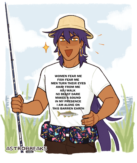 a digital drawing of sinbad from the manga and anime magi: the labyrinth of magic. it depicts a halfbody of him, near a lake, holding a fishing rod and making an excited facial expression. he has a bucket hat on his head, arcade-floor-patterned fanny packs on his hips, brown shorts and a white shirt that says: "women fear me, fish fear me, men turn their eyes away from me as i walk, no beast dare makes a sound in my presence, i am alone on this barren earth".