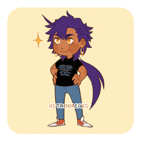 a digital drawing of sinbad from the manga and anime sinbad no bouken. it's a chibi drawing of teenage sinbad, with a confident expression and pose. he is wearing a very casual outfit, most important part being the black t shirt that says "you know that little thing inside your head that keeps you from saying things you shouldn't? yeah, i don't have one of those".