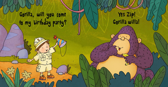 A boy in safari clothes inviting a gorilla to his birthday party