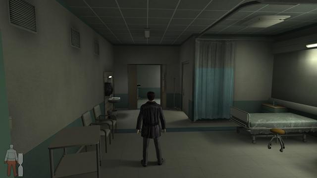 Screenshot of the opening scene from Max Payne 2. Max is in a hospital room.