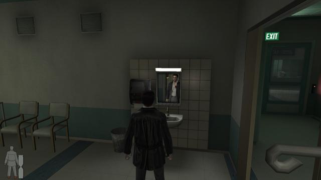 Screenshot of Max Payne 2 showing his reflection in a mirror, a very advanced and demanding graphical effect at the time.