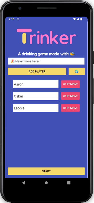 The player and gamemode selection menu of a drinking game.