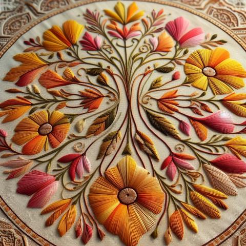 «Create by Bing Image Creator»
(Close-up photo of Paraguay's traditional craft "Ñandutí") The tablecloth is embroidered with Ñandutí, which is carefully woven using thin threads in warm colors such as yellow, orange, and pink. (fine details)