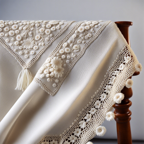 «Generated by StableDiffusionXL»
Prompt: (The edges are knitted with unbleached thread on a white fabric.) The fabric has small embroidery such as flower motifs.fine details, Negative: low quality, ugly, Aspect: square 1:1(1024:1024), CFG_scale: 12, Sampler: k_dpmpp_2s_ancestral, Seed: 680330319