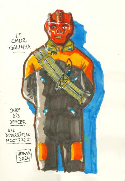 Really rough marker sketch of Lt. Cmdr. Galinha, Chief Operations Officer, USS Ostergotland, a Tamarian in Support Division colours, and a Tamarian sash with blade.