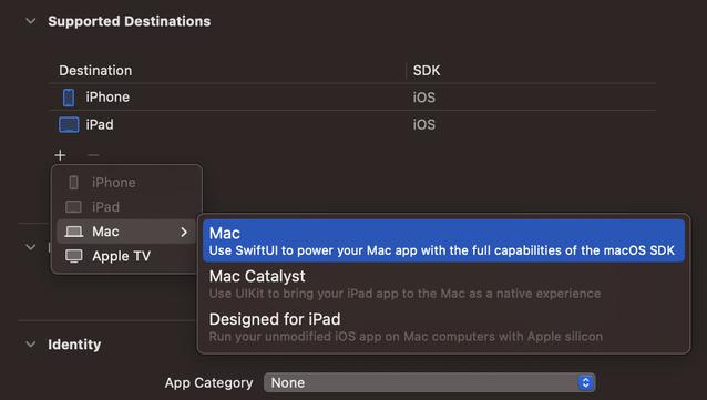 Popup menu for adding Supported Destinations. watchOS is missing from the list.