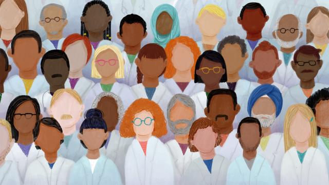 Illustration: many scientists from different backgrounds, disciplines and genders stand together.
