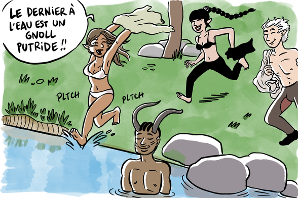 un extrait de strip : Tav, Ombrecoeur et Astarion courent vers une rivière en jetant leurs habits, Wyll est déjà dedans. Tav : "le dernier à l'eau est un gnoll putride !!".