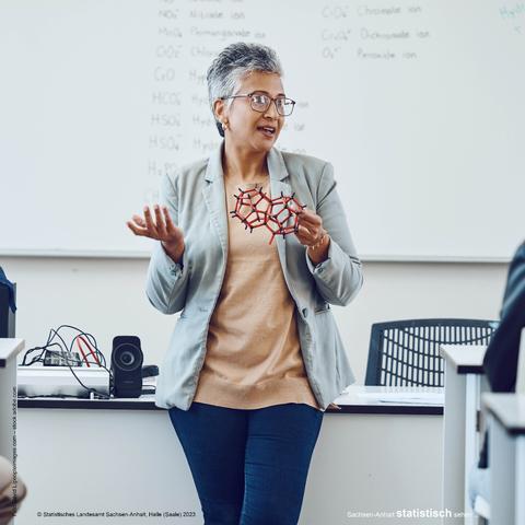 Foto Frau mit Modell eines Moleküls im Hörsaal