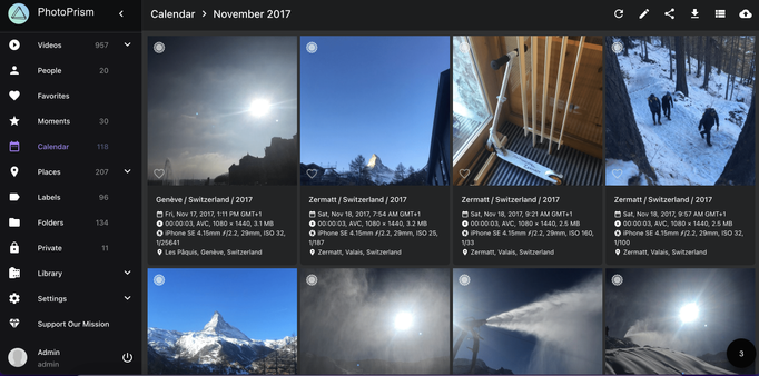 Screenshot of PhotoPrism with location info and more