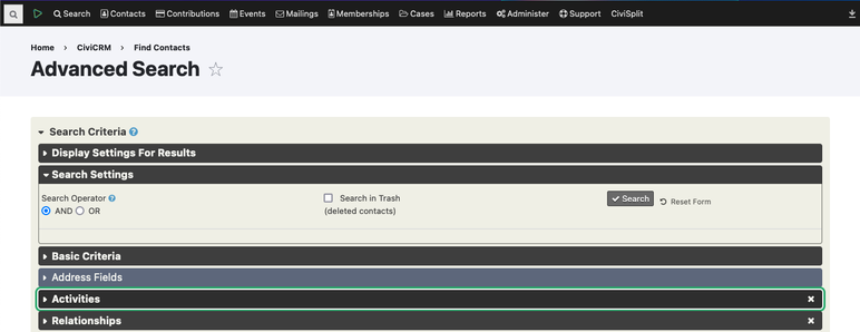 Screengrab from an advanced search screen on civicrm, showing accordions to categorise filters. One has a green outline to indicate it is keyboard focused.