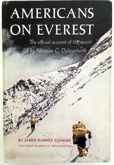 A book by James Ramsey Ullman entitled Americans on Everest. Two mountain climbers with large backpacks are shown, hiking a snowy and steep incline.