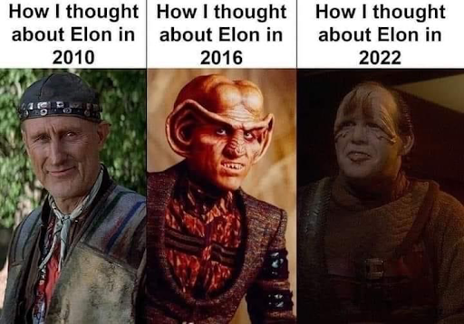 A meme format showing the gradual fall from grace of a Mars-obsessed billionaire fascist facilitator, in terms of Star Trek characters