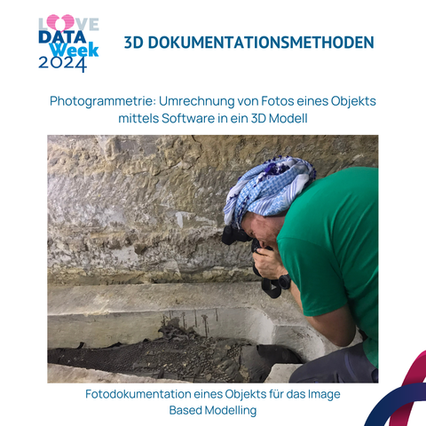 Beispielfoto für das Verfahren Photogrammetrie: Ein Mann fotografiert ein Ausgrabungsobjekt mit einer Digitalkamera.