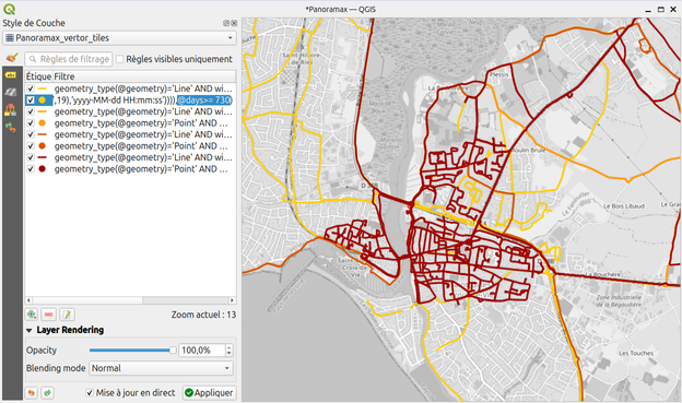 Capture d'écran de QGIS présentant un rendu des tuiles vectorielles Panoramax imitant le rendu sur l'ancienneté des photos du site Panoramax.