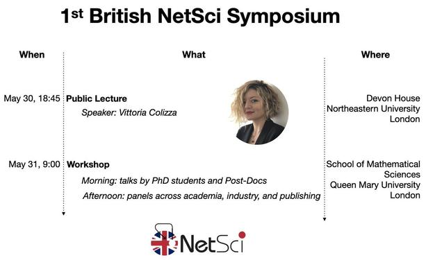1st British NetSci Symposium! May 30, 18:45 - Public lecture by Vittoria Colizza at Devon House, Northeastern University, London; May 31, 9:00 - Workshop by PhD students and postdocs and afternoon panel at School of Mathematical Sciences, Queen Mary University, London