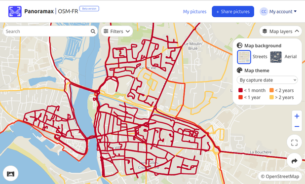 Capture d'écran du rendu du site Panoramax par date pour comparer avec la capture d'écran QGIS.
