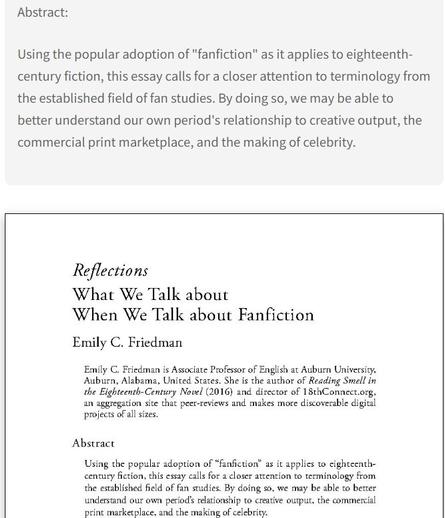 Abstract: Using the popular adoption of "fanfiction" as it applies to eighteenth-century fiction, this essay calls for a closer attention to terminology from the established field of fan studies. By doing so, we may be able to better understand our own period's relationship to creative output, the commercial print marketplace, and the making of celebrity.