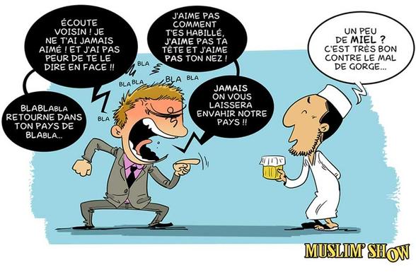Un blanc en costume engueule un mec à barbe et chapeau blanc.

"... Jamais on vous laisera envahir notre pays !!"
"Un peu de miel ?
C'est très bon contre le mal de gorge..."