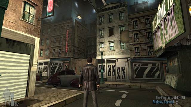 Screenshot from Max Payne 2: Max is in an abandoned ghost-house-esque amusement set in "Noir York", a comic-book 1920s pastiche of New York in cheap wooden props.