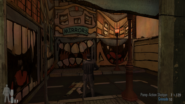 Screenshot of Max Payne 2: Noir York takes on a more sinister tone with a house of mirrors type insanity. The shop windows have become large jittering jaws.