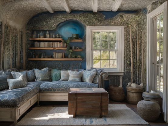 A cozy living room, plush sectional with patterned textiles and many pillows, rustic wooden shelves, forest wallpaper, mystical décor elements.