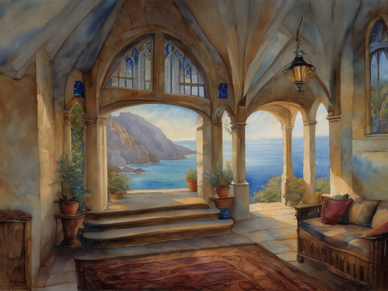 A peaceful stone archway with benches overlooks the sea, offering a meditative space at sunset.