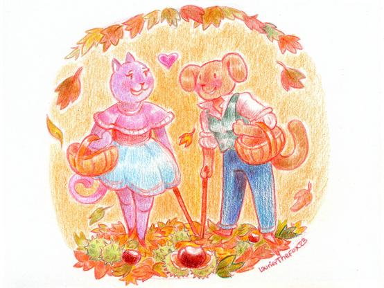 illustration au crayon de couleur. Deux personnages furry féminin lesbienne, chat et chien, cherchent des châtaignes en automne en marchant sur un épais lit de feuilles mortes. La chatte porte une capeline et une jupe et un panier en osier. La chienne porte un veston, un pantalon et un panier en osier. Elle échangent un regard amoureux.