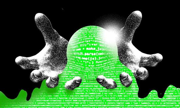 An abstract visualization of two hands grapping a blop of gooey computer code.