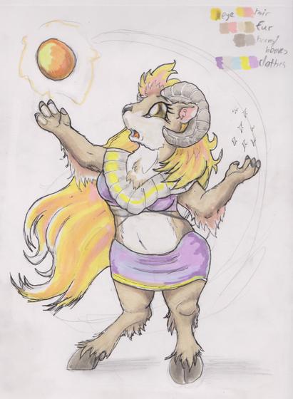 An anthro female ram clad in ancient-mesopotamian-style temple seer clothes, divining some grand secrets from a glowing gold orb above her.