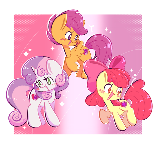 Art of the cutie mark crusaders staring at their new cutie marks with excitement. A redraw from the episode "Crusaders of the Lost Mark".