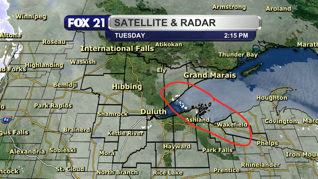 The satellite and radar over the Northland at 2:15 p.m. on Tuesday, February 13, 2024 shows mostly cloudy skies for most regions.  Some lake effect snow showers are continuing in the Twin Harbors, Bayfield Peninsula, and South Shore snowbelt regions.