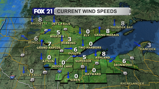 Wind speeds in the Northland just after 2 p.m. at February 13, 2024 range from calm to 8 mph.  Wind direction is from the north.