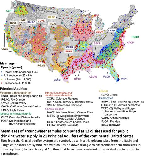map - Mean ages of groundwater samples computed at 1279 sites used for public drinking water supply in 21 Principal Aquifers of the continental United States