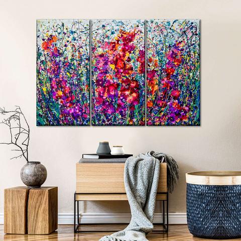The Breath Of Summer 
Garden Explosion, A vibrant triptych painting with a burst of colors and floral motifs.”