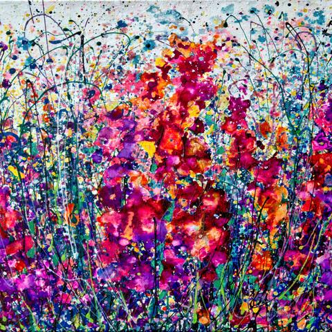 The Breath Of Summer 
Garden Explosion, A vibrant triptych painting with a burst of colors and floral motifs.