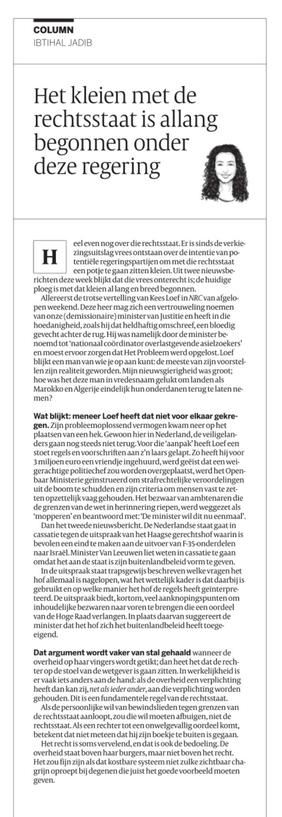 Column van Ibtihal Jadib waarin het huidige gemorrel aan de rechtsstaat fijntjes wordt blootgelegd.
