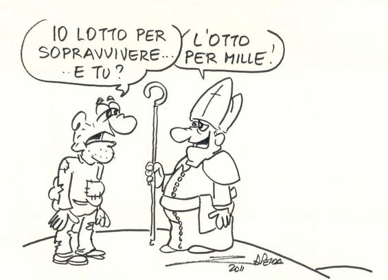Nella vignetta è disegnato un povero con i vestiti rattoppati, stanchissimo, che dice a un vescovo vestito di tutto punto (con la mitra e tutte cose): «Io lotto per sopravvivere... e tu?».

Il cane nero gli risponde col sorriso beffardo: «L'otto per mille!».
